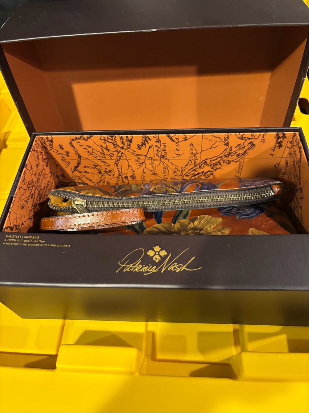 Patricia Nash Orange Floral Leather Wristlet with Blue and Yellow Accents